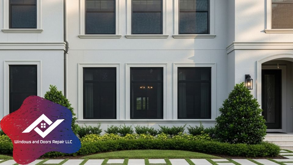 A beautiful shot of a home's exterior, showcasing several windows with matching, brand-new dark screens that enhance the home's aesthetic.