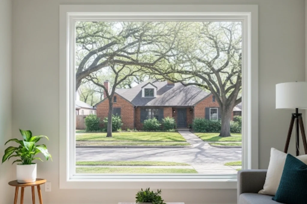 A beautifully replaced picture window in a Fort Worth living room, showcasing our expert residential glass replacement services.