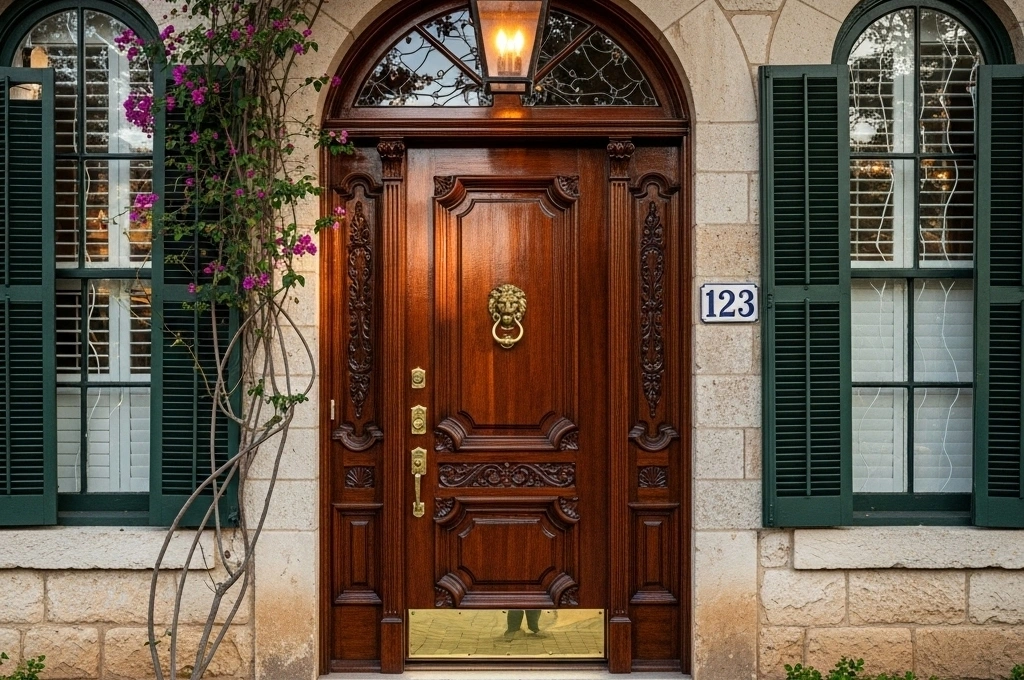 A beautifully restored, classic wooden front door on a historic home in the King William District of San Antonio.