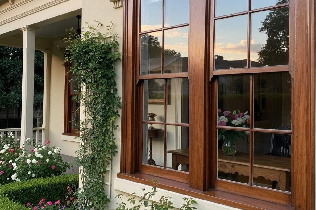 A beautifully restored, historic home in a neighborhood like the King William Historic District, focusing on a classic, multi-pane wooden window that is now perfectly clear.