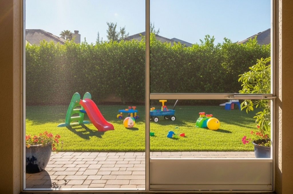 A bright, sunlit photo of a large patio screen door, perfectly repaired, leading out to a backyard with kids' toys.