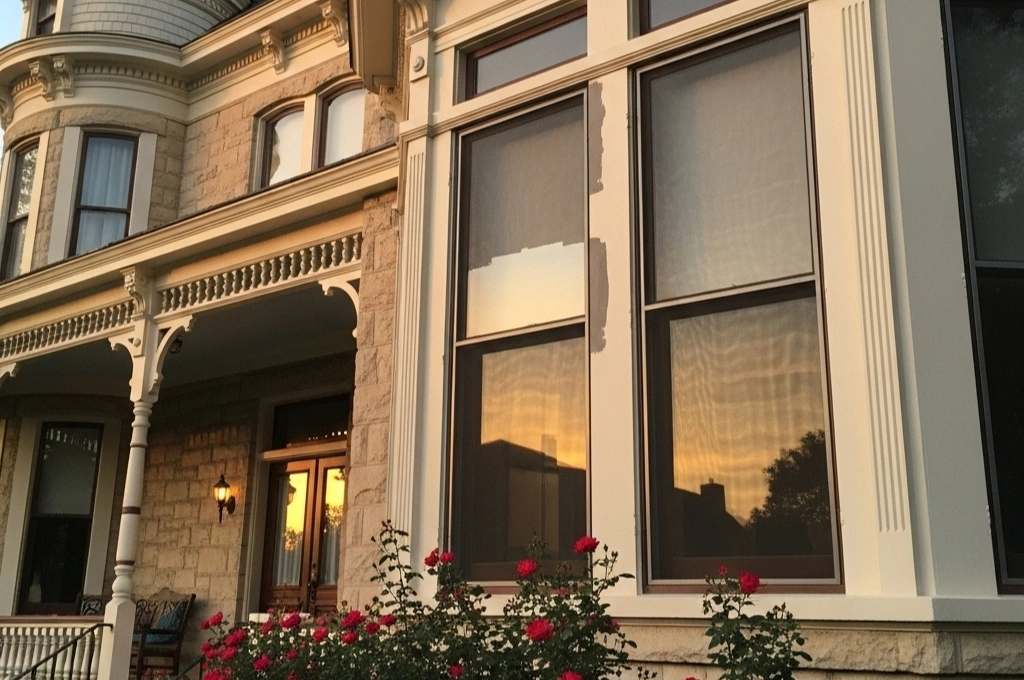 A carefully repaired window screen on a beautiful, historic home in the King William district, preserving the classic look