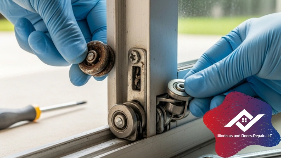 A close-up of a technician replacing the rollers on a sliding glass patio door in an Austin home.