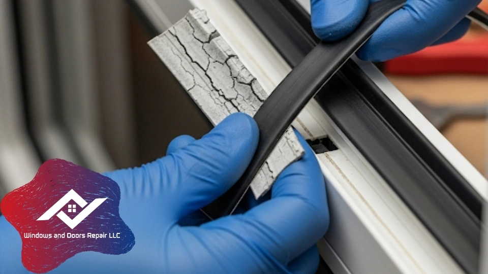 A close-up of worn and cracked window weatherstripping being replaced by a skilled technician.