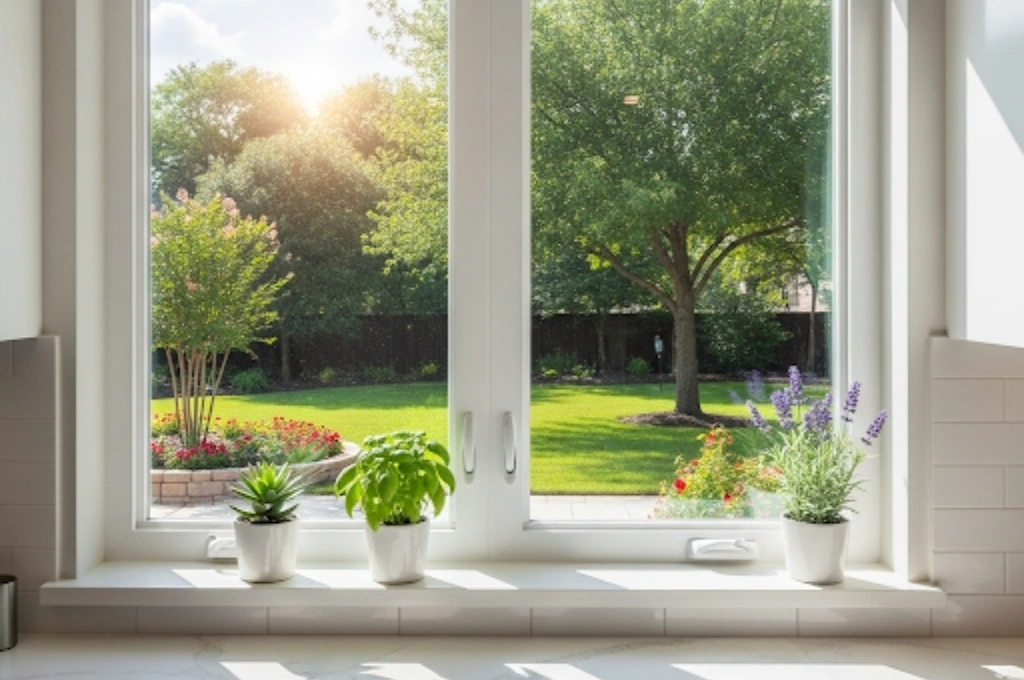 A crystal-clear double-pane kitchen window in a Tanglewood, Fort Worth home after our expert fog removal and glass replacement service.
