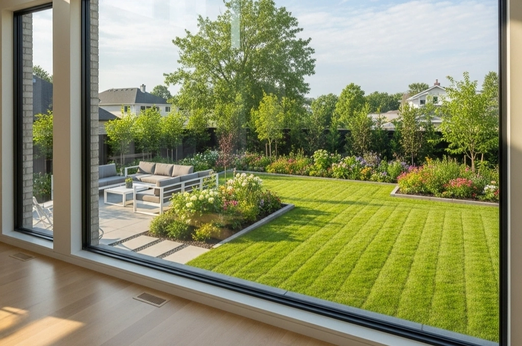 A crystal-clear, energy-efficient picture window in a North Dallas home, repaired by Windows And Doors Repair LLC
