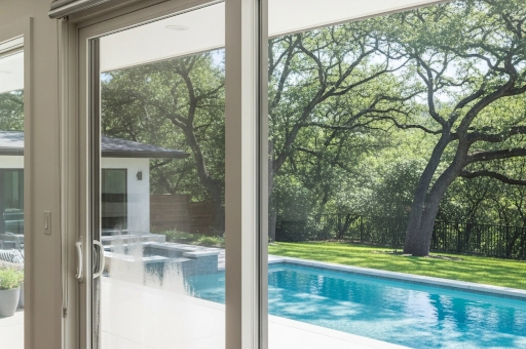A crystal-clear, fog-free Sliding Glass Door Repair Austin with a pristine, stainless steel track cover in a West Lake Hills home.