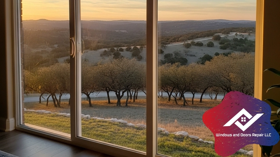 A crystal-clear, repaired sliding glass patio door offering a view of the Texas Hill Country.