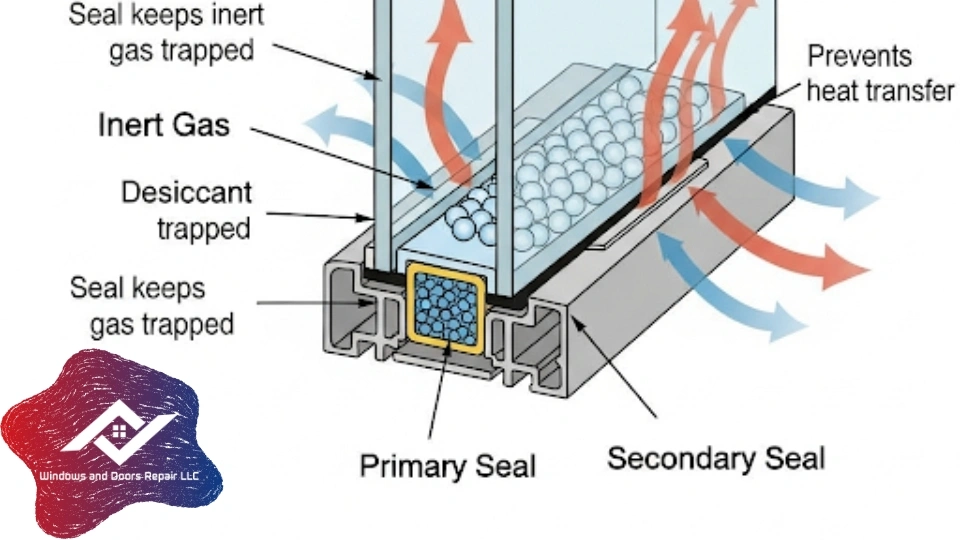 A detailed diagram showing the components of a double-pane window seal and how it prevents energy loss.