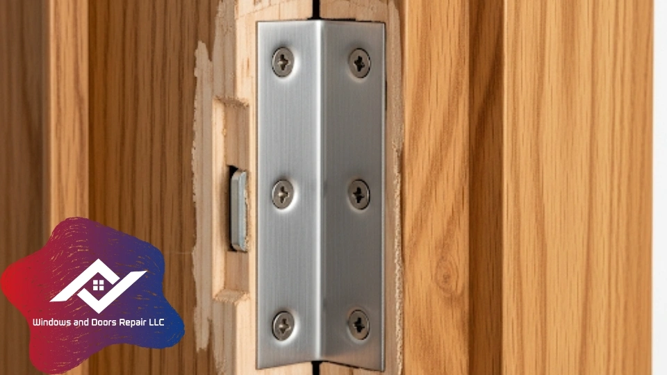 A detailed photo showing a perfectly repaired and reinforced wooden door jamb, ready for a new strike plate.