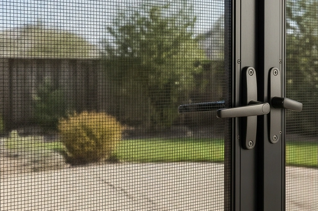 A durable pet-proof screen installed on a Lakewood patio door to prevent tears from pets.