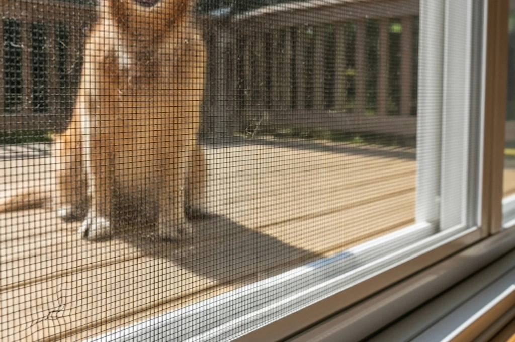 A durable pet-proof screen installed on a Stone Oak patio door to prevent tears from pets.