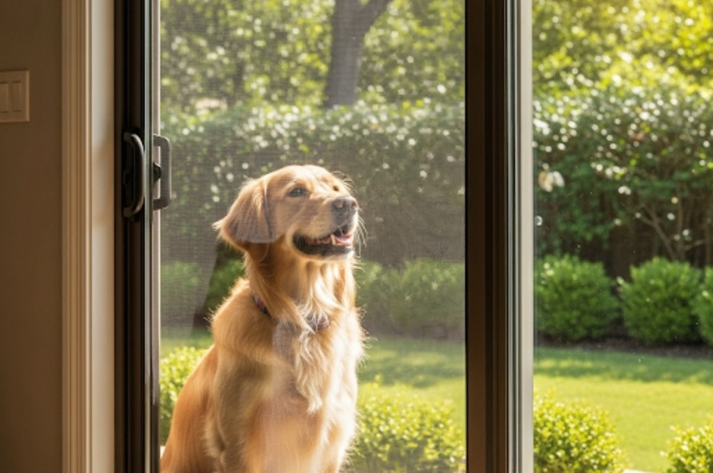A durable, pet-resistant screen installed on a patio door in a Fort Worth home, preventing tears and scratches.