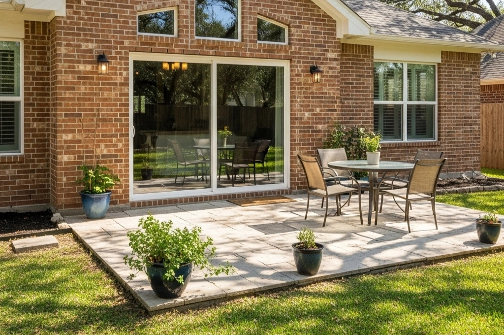 A family-style brick home in a community like Helotes, with a focus on a clear sliding glass door leading to a backyard patio.
