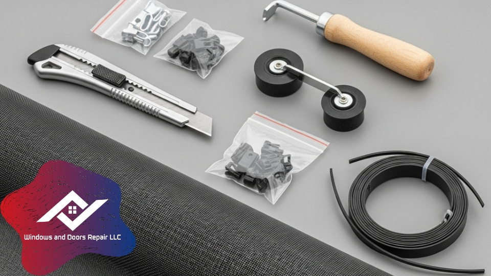 A flat lay of screen window repair kit, showcasing every component clearly the roll of screen, the spline, the rolling tool, and any included extras like a utility knife.