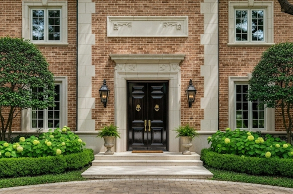 A grand, perfectly aligned front door on a beautiful brick home in a Preston Hollow, Dallas neighborhood.