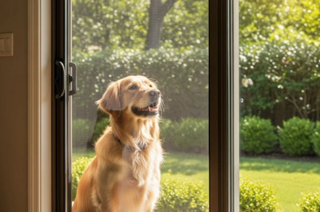 A happy dog sitting safely behind a durable, new pet-resistant screen on a patio door in West Lake Hills.