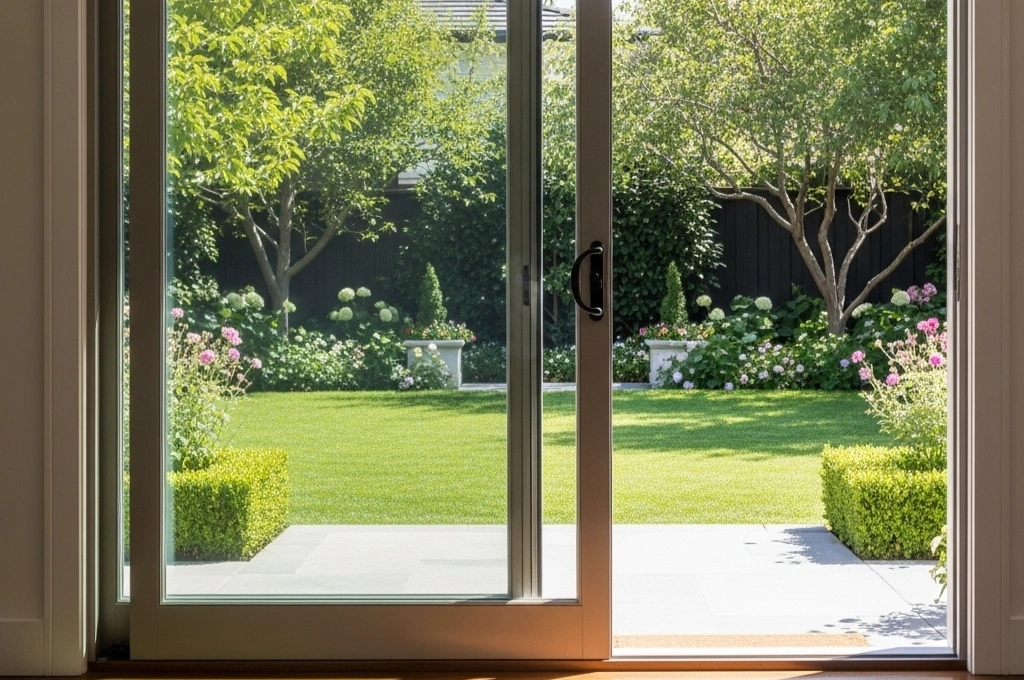 A high-end sliding glass door repair Dallas, showing a perfectly restored glide.