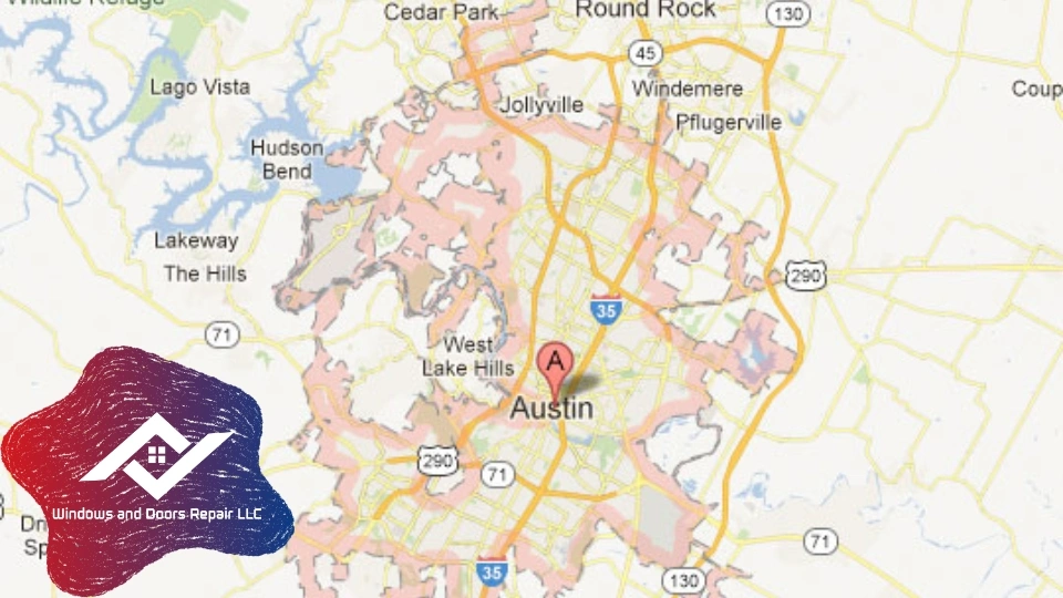 A map of the Austin metroplex, highlighting our extensive service coverage in Austin and its suburbs