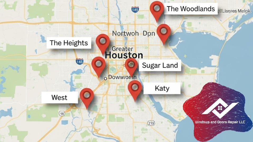 A map of the Greater Houston area with several pins dropped in key neighborhoods like The Heights, Sugar Land, Katy, and The Woodlands, visually representing your service are