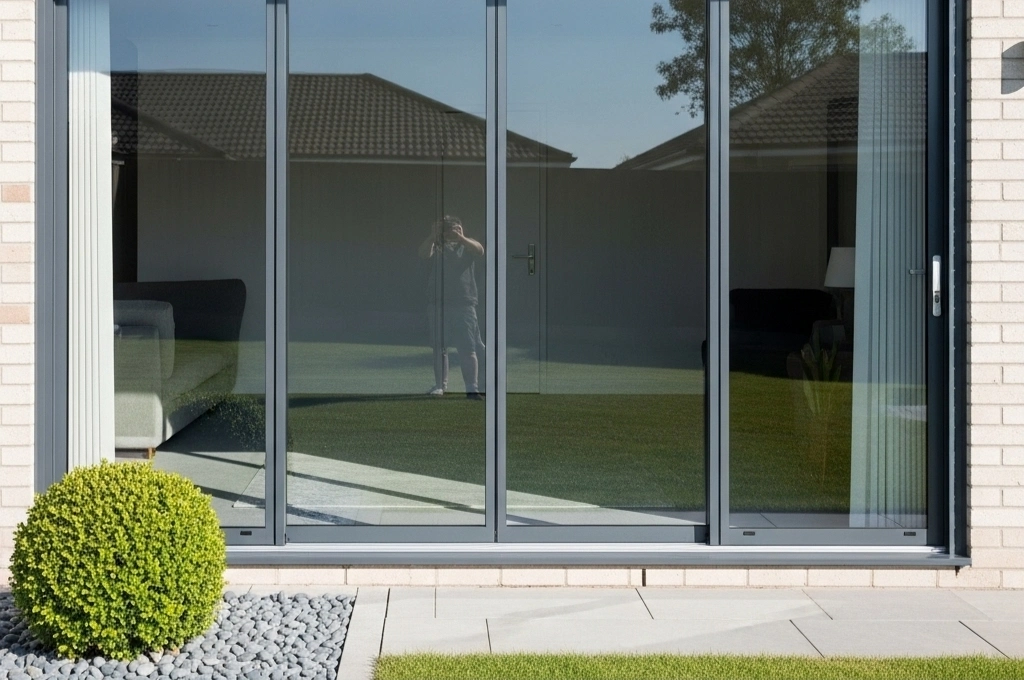 A modern patio door in a suburban home, gleaming and perfectly aligned