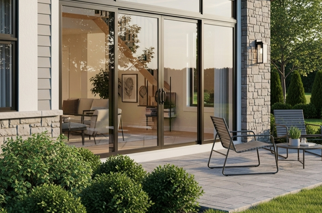 A modern patio door in a suburban home, gleaming and perfectly aligned