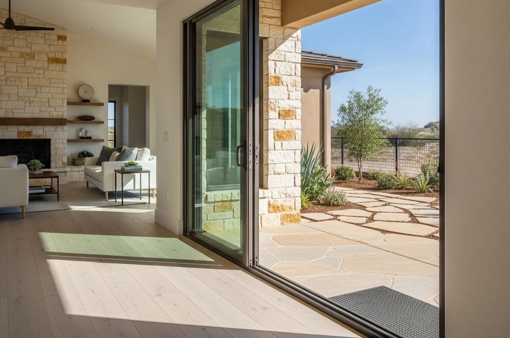 A modern sliding glass patio door in a Stone Oak home, now gliding open with ease.