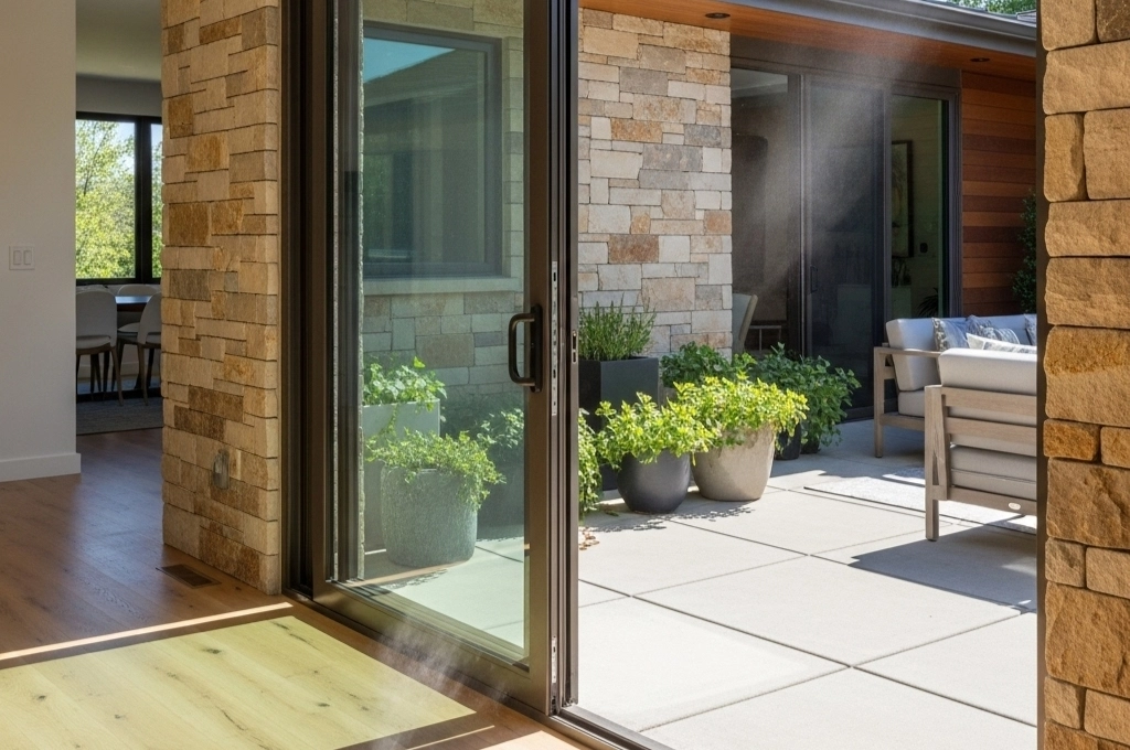 A modern sliding glass patio door in a Stone Oak home, now gliding open with ease