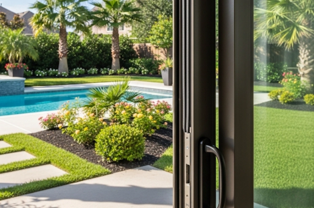 A modern sliding glass patio door in a Sugar Land home, now perfectly sealed and sliding smoothly thanks to new weatherstripping from [Windows And Doors Repair LLC