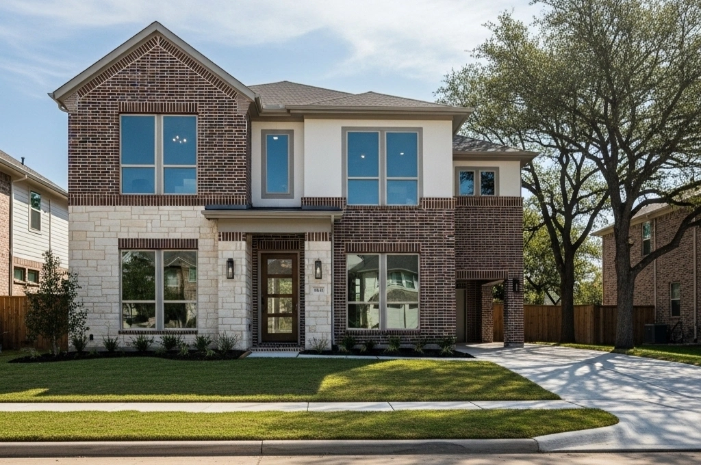 A modern, two-story brick home in a suburban neighborhood like Plano, with bright sunlight reflecting cleanly off the new, non-glare windows