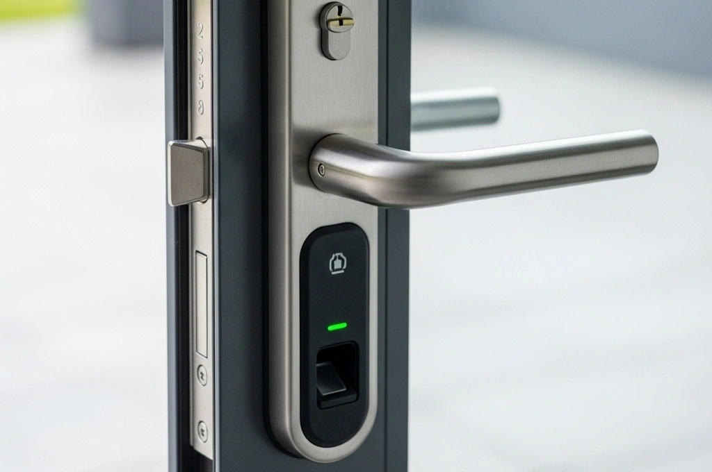 A new high-security lock and handle installed on a sliding door in Alamo Heights for improved safety.