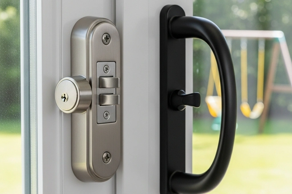 A new high-security sliding door lock installed to secure a family home in Plano, TX.