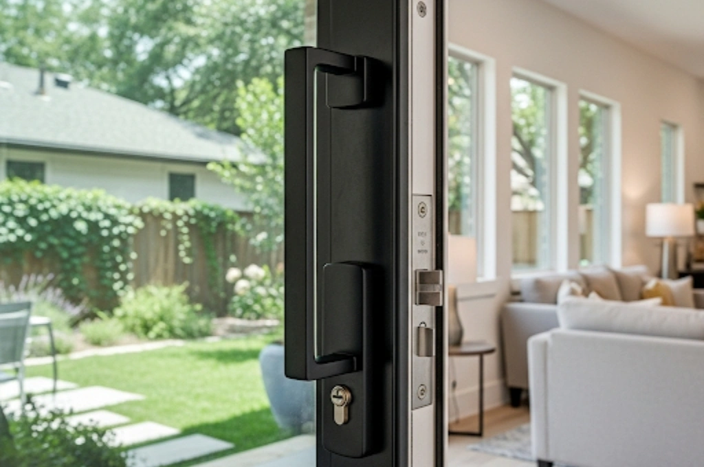A new, secure, and modern handle and lock installed on a sliding glass door in a Tarrytown, Austin home.
