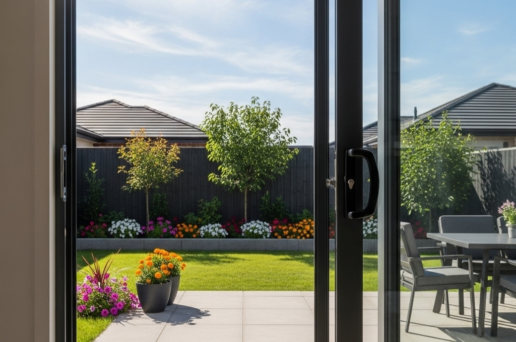 A perfectly repaired and smooth-gliding patio door in a home in The Heights, Houston.