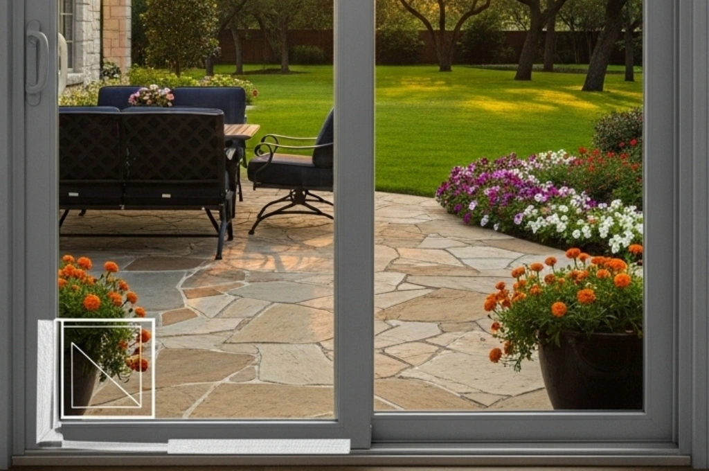 A perfectly repaired sliding patio door in a Stone Oak, San Antonio home, now gliding smoothly.