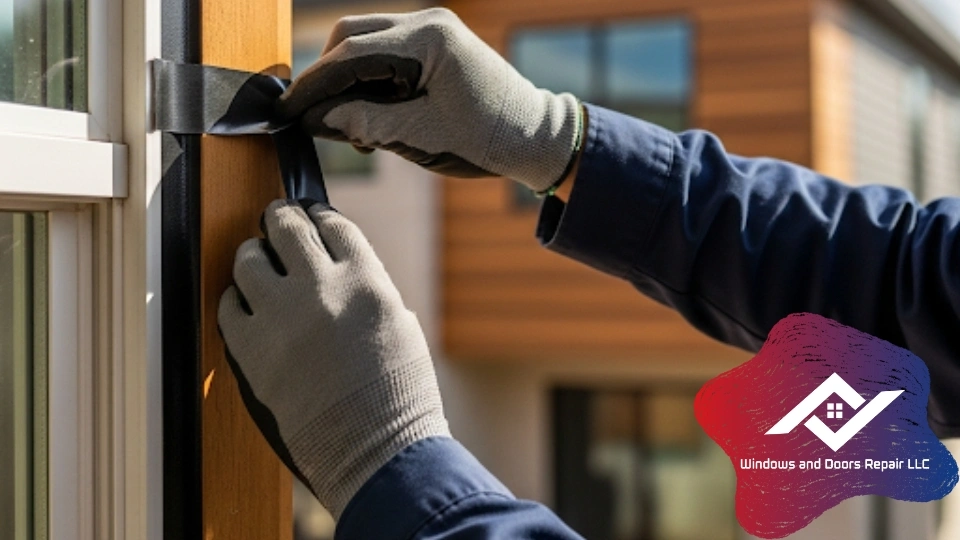 A professional technician applying high-grade window flashing tape on a new window installation in Austin, TX.