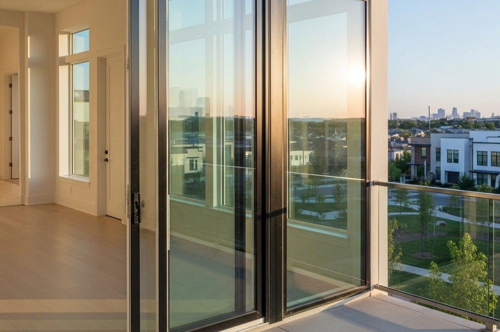 A repaired sliding glass door in an Irving, TX townhome, providing a clear, unobstructed view after a window seal replacement.