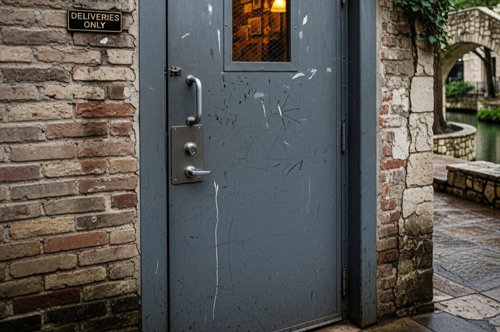 A secure and fully functional steel commercial access door for a restaurant near the Dallas.