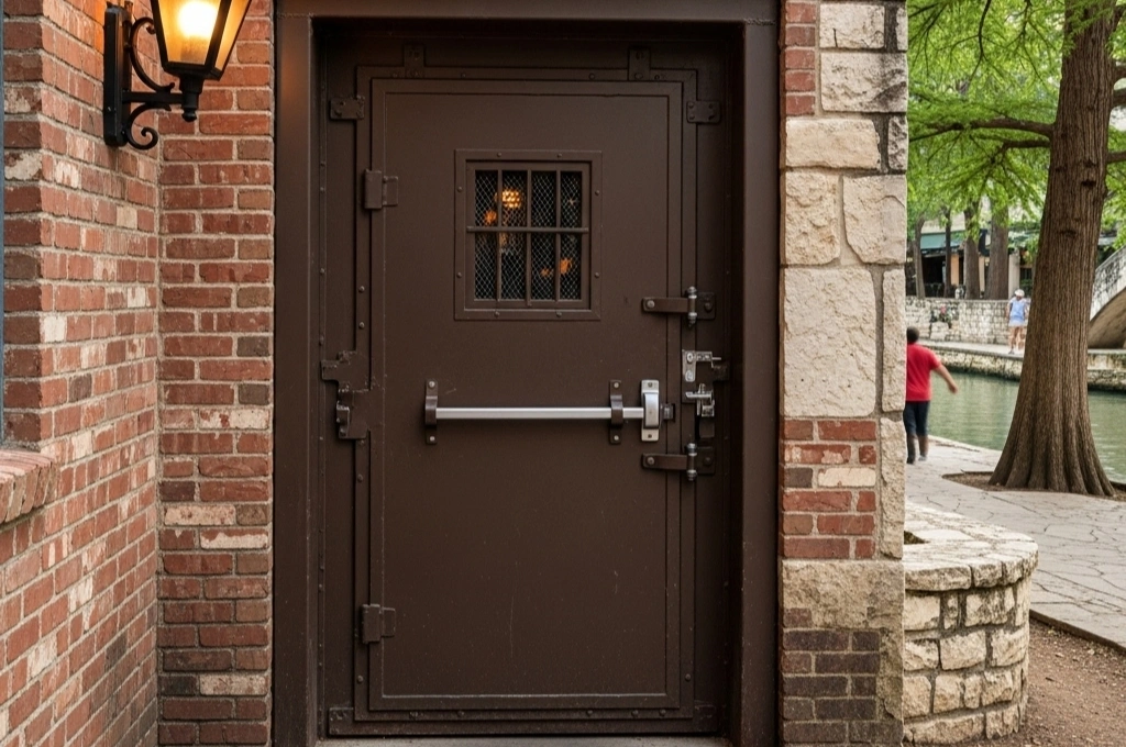 A secure and fully functional steel commercial access door for a restaurant near the San Antonio Riverwalk.