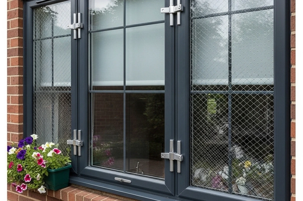 A secure ground-floor window in the Medical Center area of San Antonio after an emergency repair.
