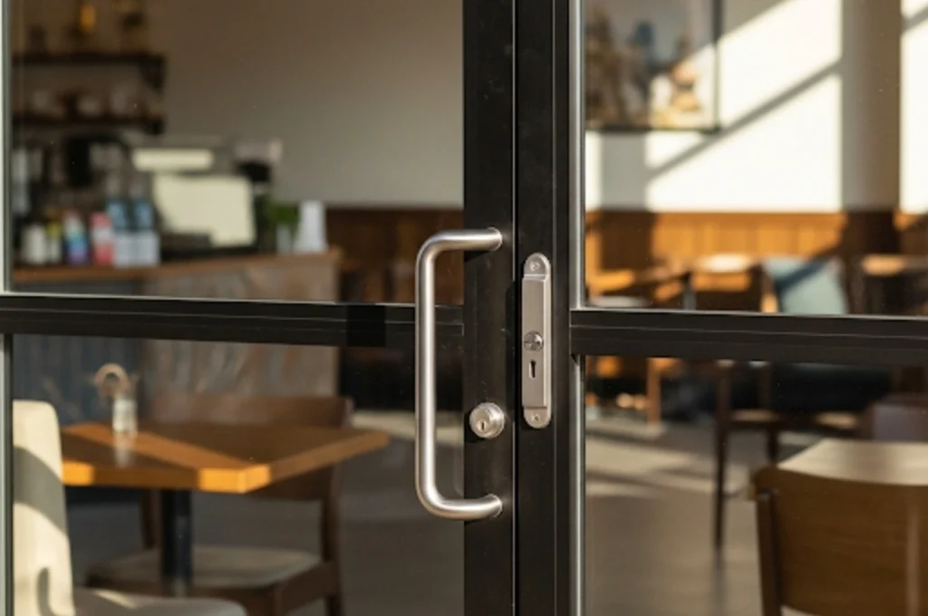 A secure, professionally repaired commercial glass entry door for a Fort Worth coffee shop, featuring new heavy-duty hardware.