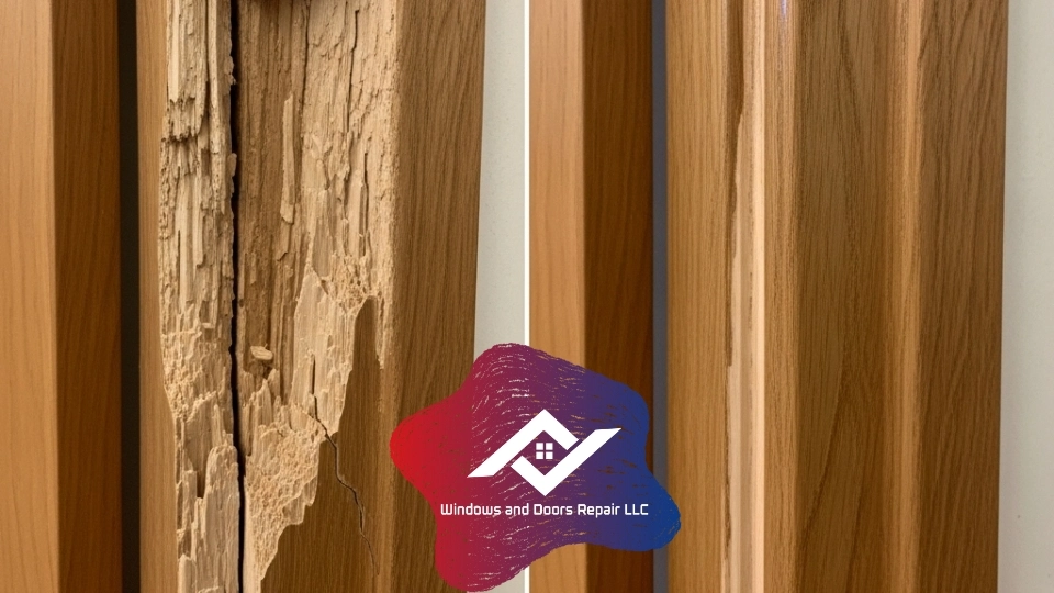 A splintered wooden door jamb before and after our professional reinforcement and repair in Window and Door Repair LLC.