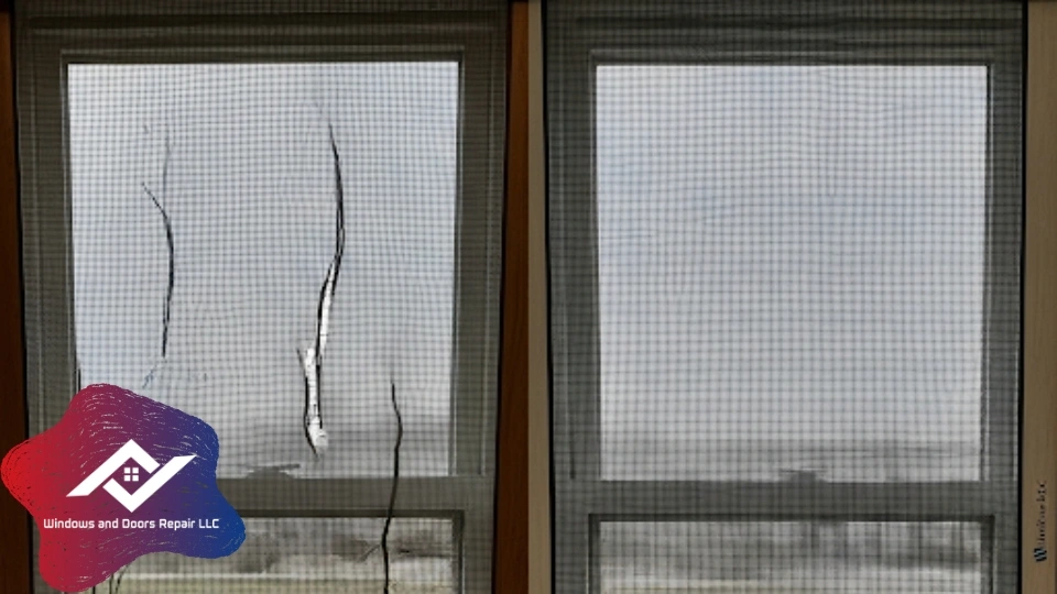 A split image showing a flimsy, wrinkled DIY screen repair kit next to a taut, professional screen installation from Windows And Doors Repair LLC.