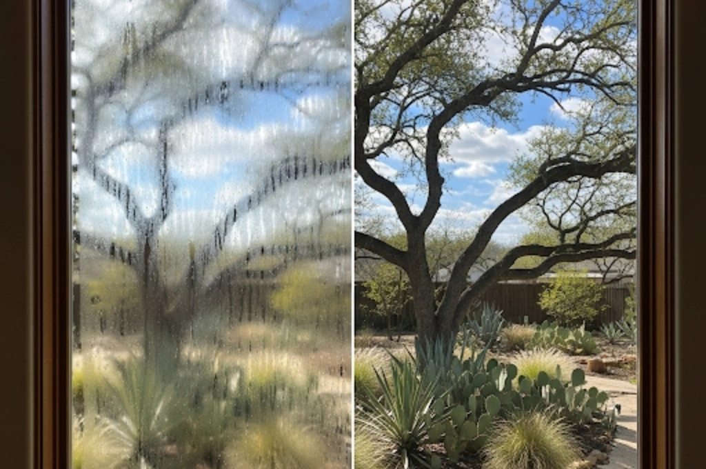 A stunning before-and-after split image of a foggy picture window now crystal clear, overlooking a Circle C Ranch backyard.