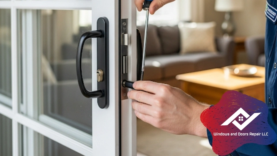 A technician carefully installing a new, secure lock and handle on a residential sliding glass door.