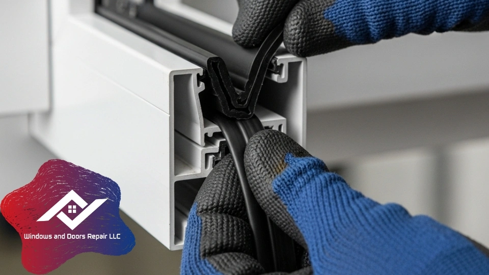 A technician expertly installing new window weatherstripping to improve a home's insulation.