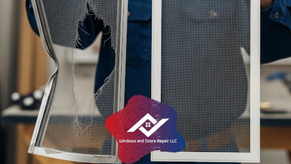 A technician holding up a bent, damaged window screen frame next to a brand new, custom-built replacement frame.