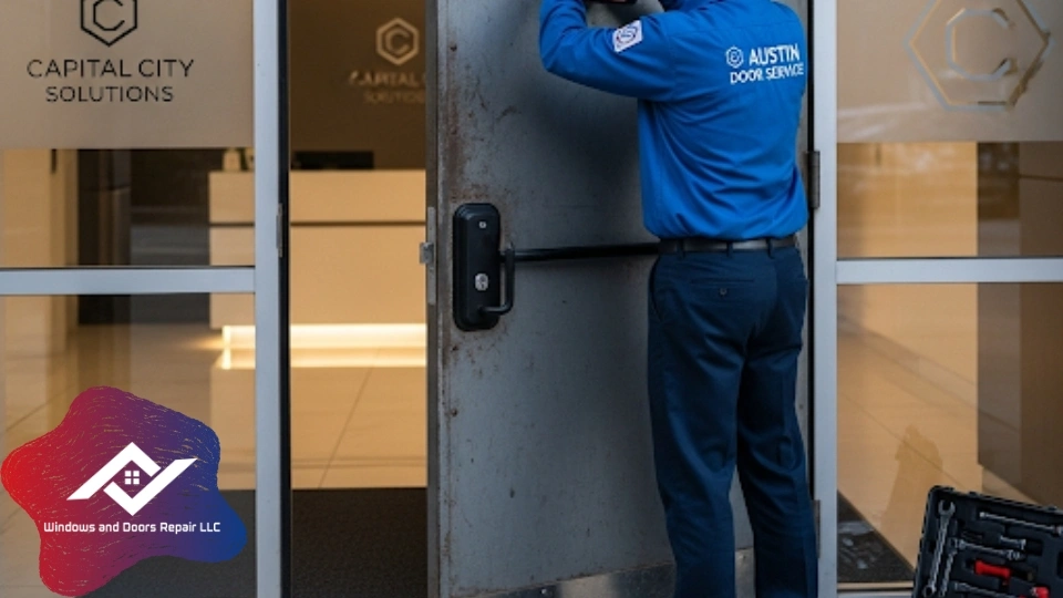 A technician servicing a heavy-duty steel commercial entry door for an Austin, TX business.