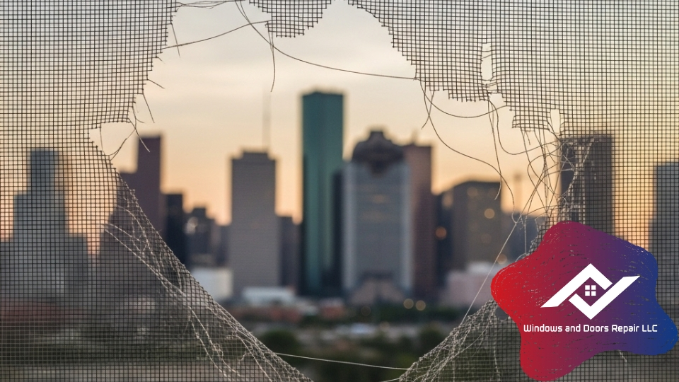 A torn, weathered window screen with the Houston skyline blurred in the background.