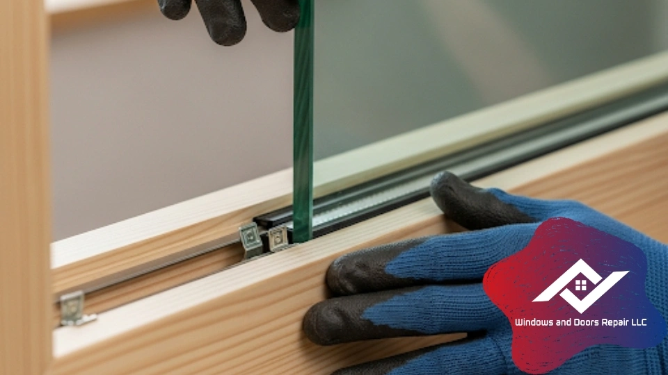 An expert technician performing a precise Low-E window glass replacement in a Dallas home.